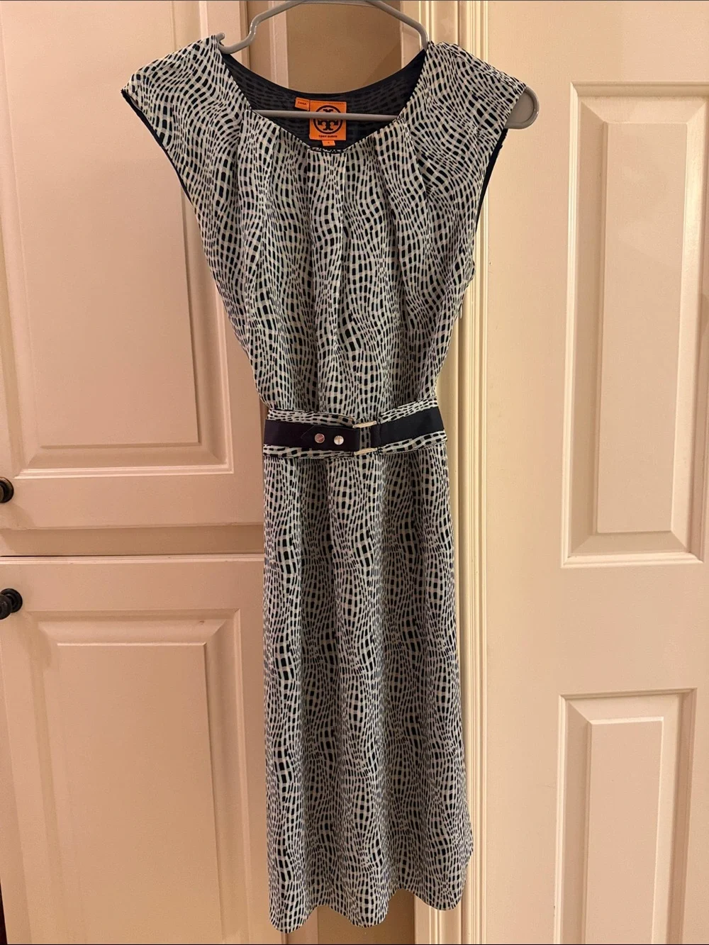 Tory Burch Navy & White Printed Cap-Sleeve Midi Dress with Belt